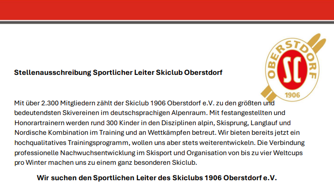 Stellenausschreibung: Sportlicher Leiter Skiclub Oberstdorf