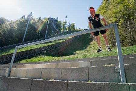 OBERSTDORF, GERMANY - APRIL 23: German Olympic nordic combined gold medalist Johannes Rydzek trains on April 23, 2020 in Oberstdorf, Germany. Rydzek, six-time world champion, trains at home due to the ongoing Coronavirus crisis. (Photo by Matthias Hangst/Bongarts/Getty Images)