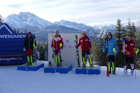 Die besten Slalomartisten vor einer imposanten Bergkulisse am Krautkaser/Jenner waren v.li. Billy Major (GBR), Joshua Sturm (AUT), Noel von Grüningen (SUI), Toni Tremmel  (SC Rottach Egern) und Reto Mächler (SUI).